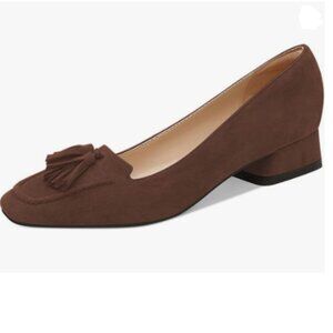 YDN Brown Block Low Heel Loafer Square Toe Tassel Fringe Pump Slip On Dress Shoe